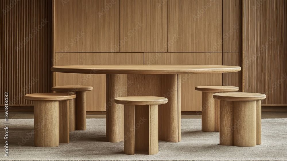 Elegant Ming-style round table with four matching stools in a minimalist setting Elegant Ming-style round table with four matching stools in a minimalist setting