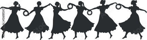 Silhouette of women dancing in traditional attire for cultural celebration designs.