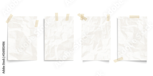 Realistic crumpled  pieces of paper notebook pages in a line and in a cage with adhesive tapes