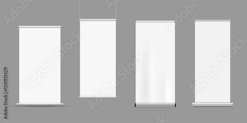 Vector roll up banners stand mockups isolated on grey background
