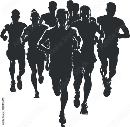 Silhouetted group of athletes running in a marathon for fitness and competition themes.