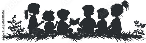 Silhouette of children reading together outdoors, ideal for educational and storytelling themes.