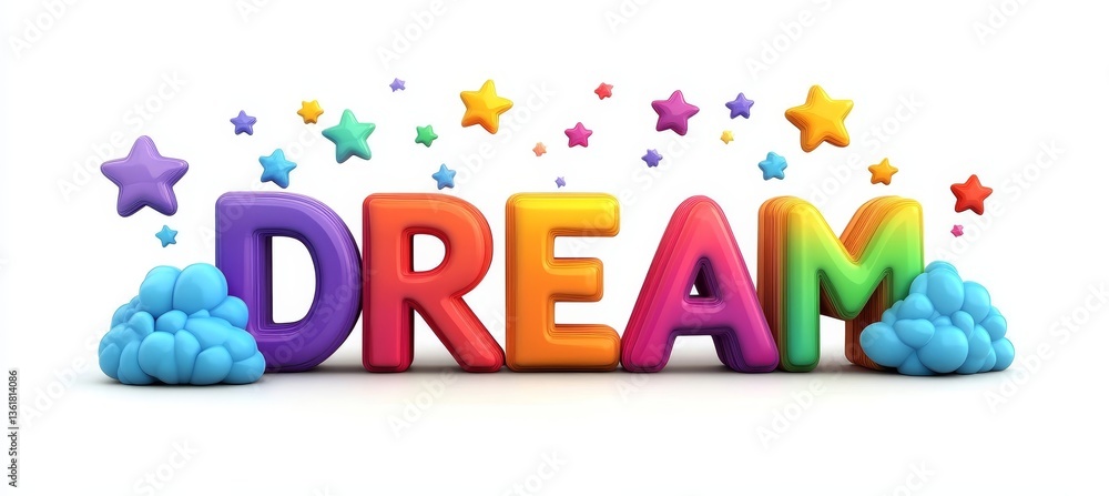 Fototapeta premium Volumetric DREAM Rainbow 3D Text Isolated On A White Background With Stars And Blue Clouds