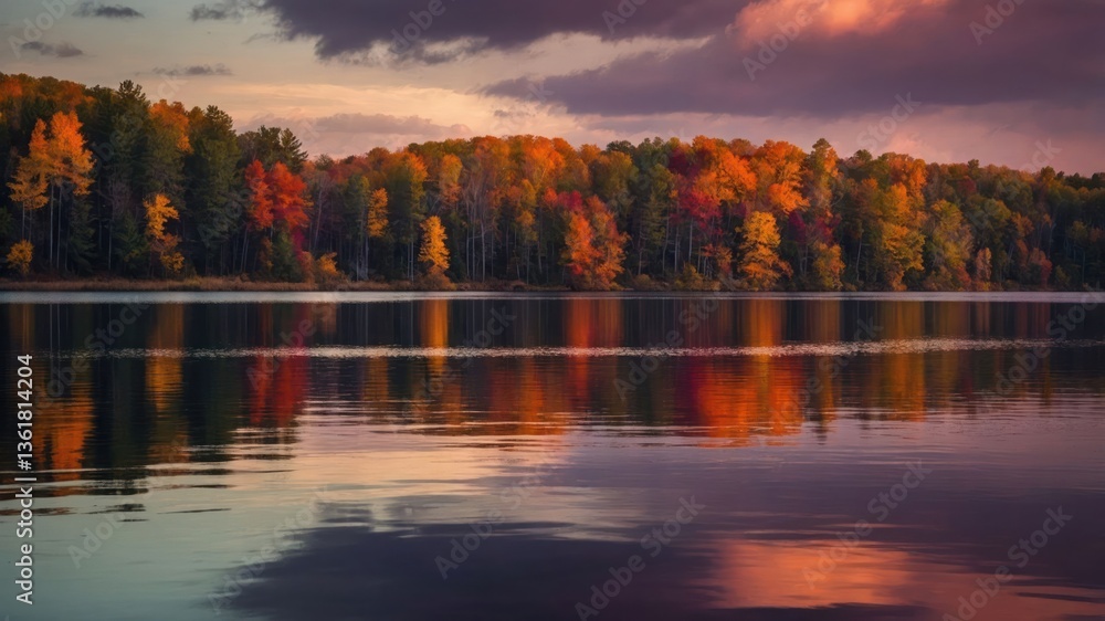 Fototapeta premium A serene autumn landscape reflecting vibrant foliage on calm water under a colorful sky.