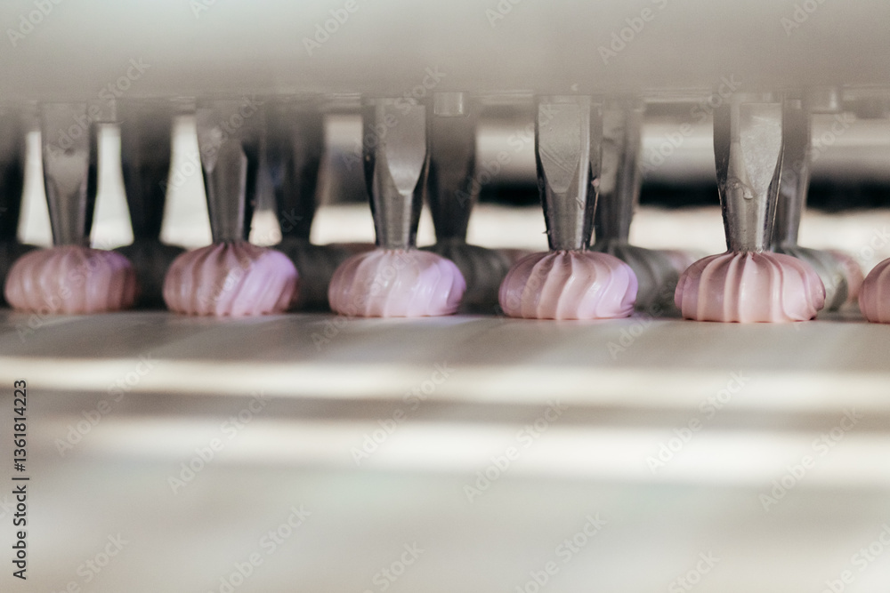Confectionery factory. Zephyr and marshmallows production line machine, close-up