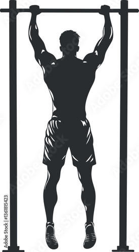 Silhouette of a man doing pull-ups on a bar for fitness and workout themes.