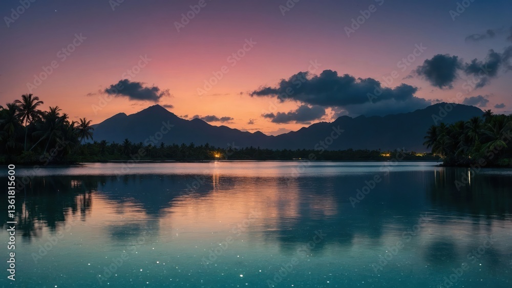 Fototapeta premium Serene twilight over a calm lake with mountains and palm trees reflected in the water.