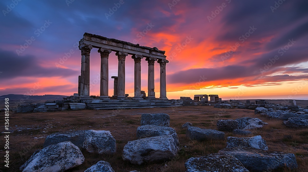 Fototapeta premium Ancient ruins stand against a vibrant sunset, capturing history and dramatic beauty