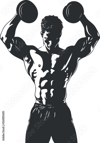 Silhouette of a muscular man lifting dumbbells for fitness and bodybuilding themes.