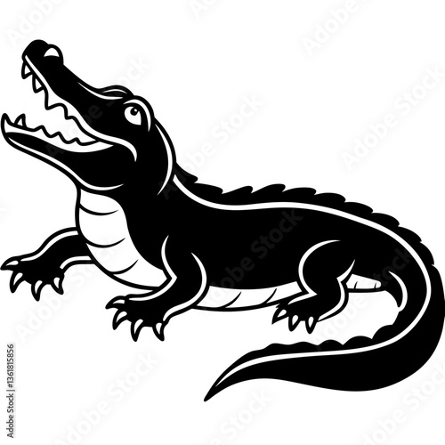 A vector silhouette of a crocodile resting with its jaws slightly open,  