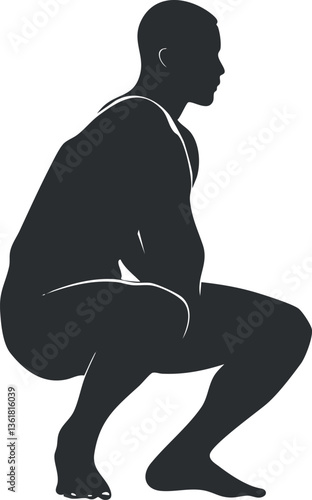 Silhouette of a person squatting, ideal for fitness or exercise themes.