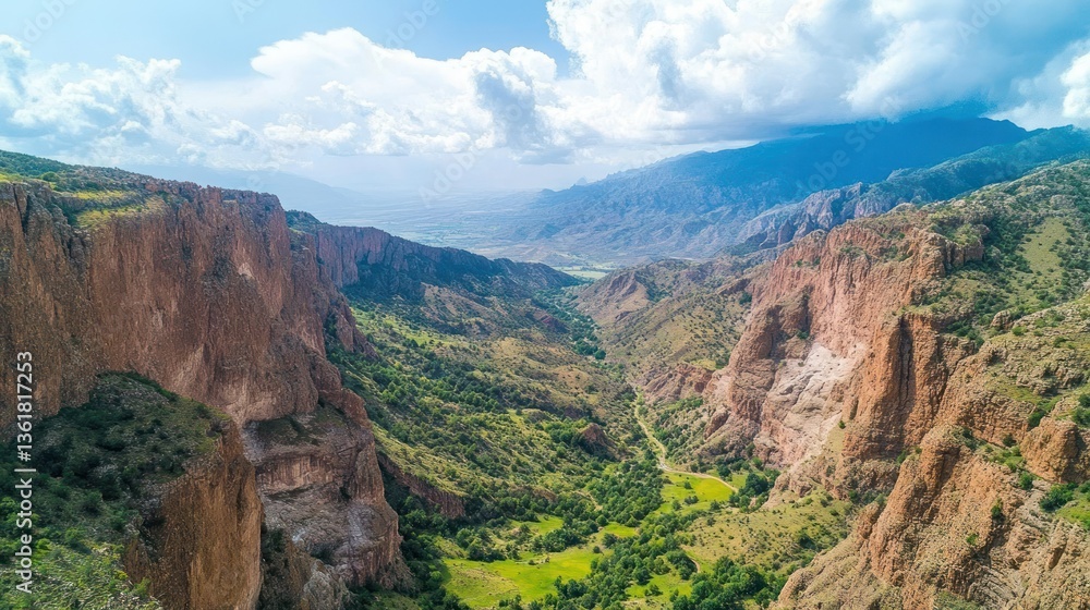 Aerial view of a deep canyon carved by a river, with rugged, reddish-brown cliffs and lush green valleys. Sunlight illuminates the dramatic landscape Aerial view of a deep canyon carved by a river, with rugged, reddish-brown cliffs and lush green valleys. Sunlight illuminates the dramatic landscape