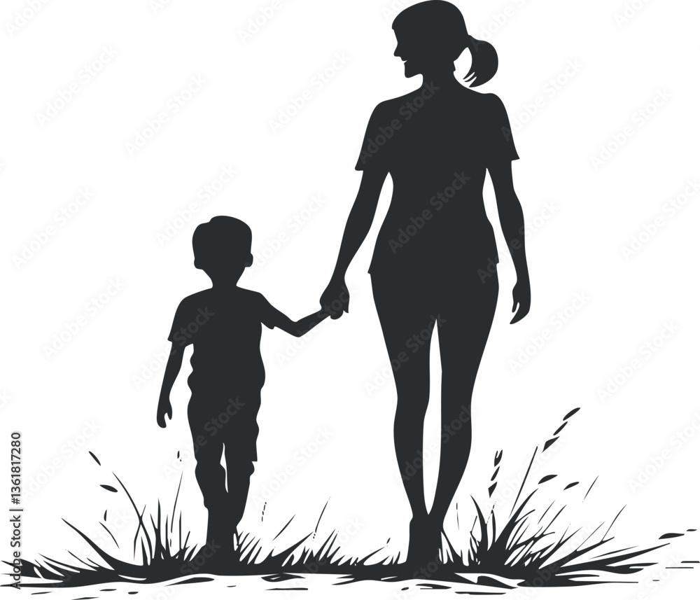 Silhouette of mother and child holding hands walking through grass, symbolizing family bond. Silhouette of mother and child holding hands walking through grass, symbolizing family bond.
