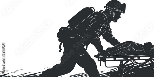Silhouette of a firefighter heroically pushing a stretcher in an emergency rescue scene.