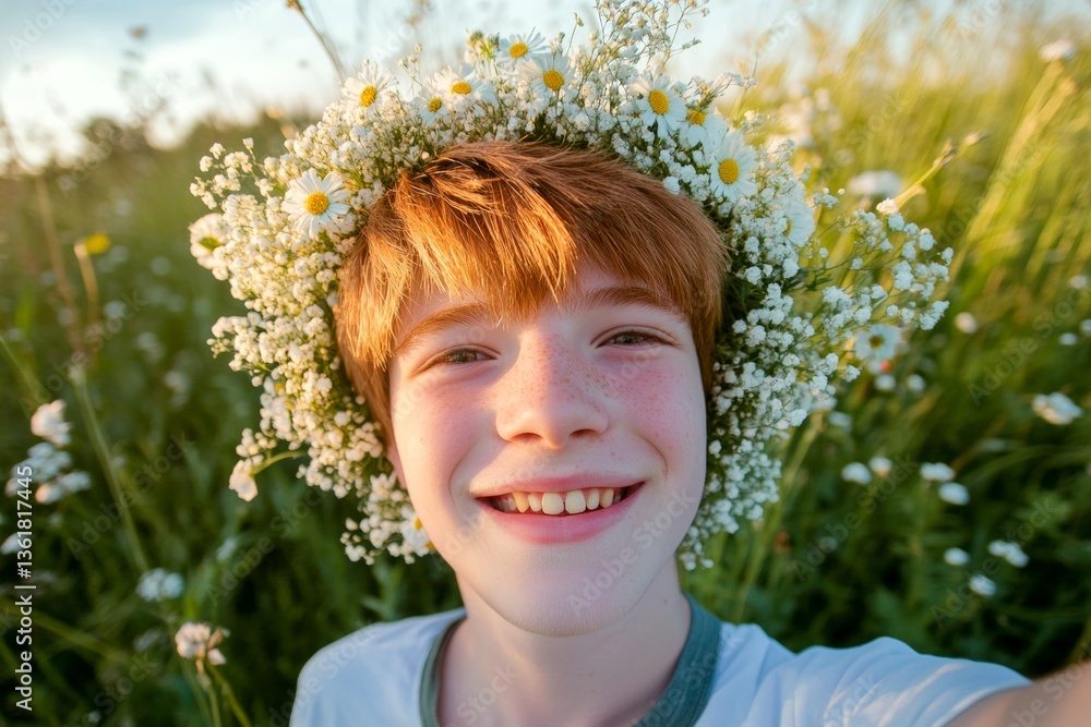 Happy caucasian teenager boy with red hair wearing white flower circlet on his head. Sunny daylight. Happy summertime holidays concept art visual design. Carefree child in the sunshine. Happy caucasian teenager boy with red hair wearing white flower circlet on his head. Sunny daylight. Happy summertime holidays concept art visual design. Carefree child in the sunshine.