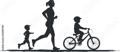 Silhouette of family exercising with mother jogging and children biking for healthy lifestyle.