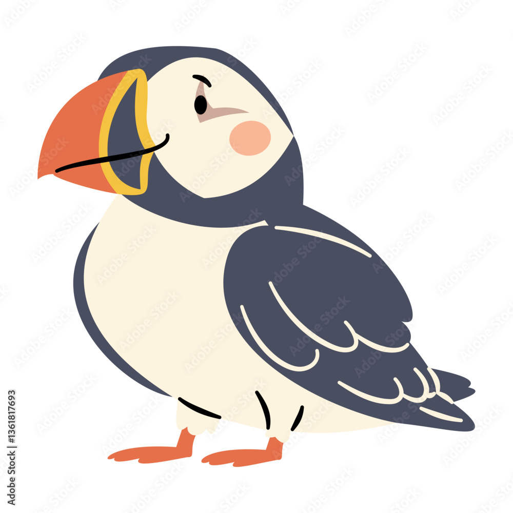 Obraz premium Flat vector illustration in a simple children's style. Cute puffin bird on white background. Animals of the North Pole. Vector illustration