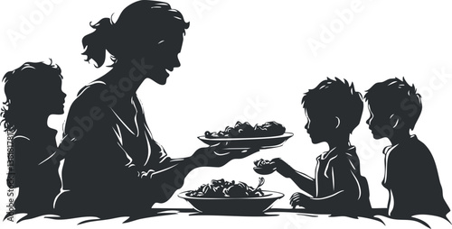Silhouette of a mother serving dinner to her children, ideal for family themes.