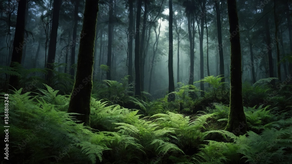Obraz premium A serene forest scene with tall trees and lush ferns, illuminated by soft, diffused light.