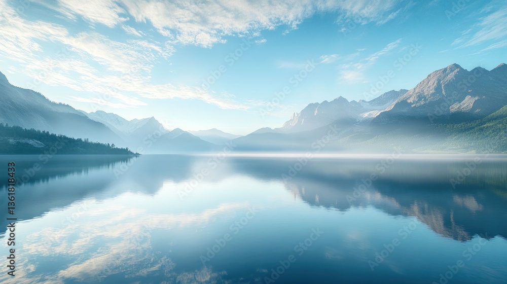 Serene Mountain Lake Reflection: A Misty Morning in Nature Serene Mountain Lake Reflection: A Misty Morning in Nature