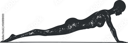 Silhouette of a woman in plank yoga pose for fitness and wellness themes.