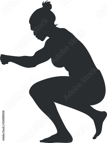 Silhouette of a woman squatting for fitness and exercise themes.