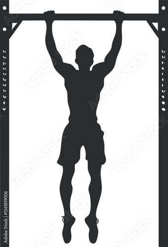 Silhouette of man doing pull-ups for fitness and strength training illustration.