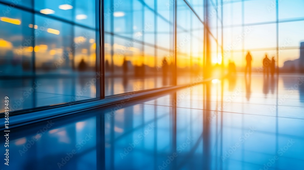 Fototapeta premium Modern Corporate Office Interior with Glass Walls, Reflections, and Blurred People in the Background