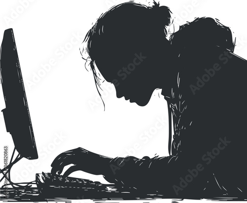 Silhouette of a woman typing on a computer for office or freelance work illustration.