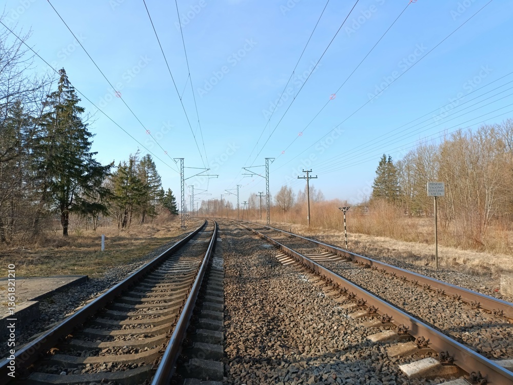 Two way railroad tracks in countryside. Two railway tracks. Sunny day. Countryside. Fields and trees. Two way railroad tracks in countryside. Two railway tracks. Sunny day. Countryside. Fields and trees.