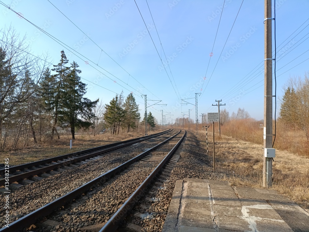 Two way railroad tracks in countryside. Two railway tracks. Sunny day. Countryside. Fields and trees. Two way railroad tracks in countryside. Two railway tracks. Sunny day. Countryside. Fields and trees.