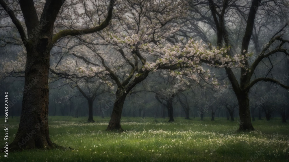 A serene forest scene with blooming trees and a grassy meadow, evoking tranquility and natural beauty. A serene forest scene with blooming trees and a grassy meadow, evoking tranquility and natural beauty.
