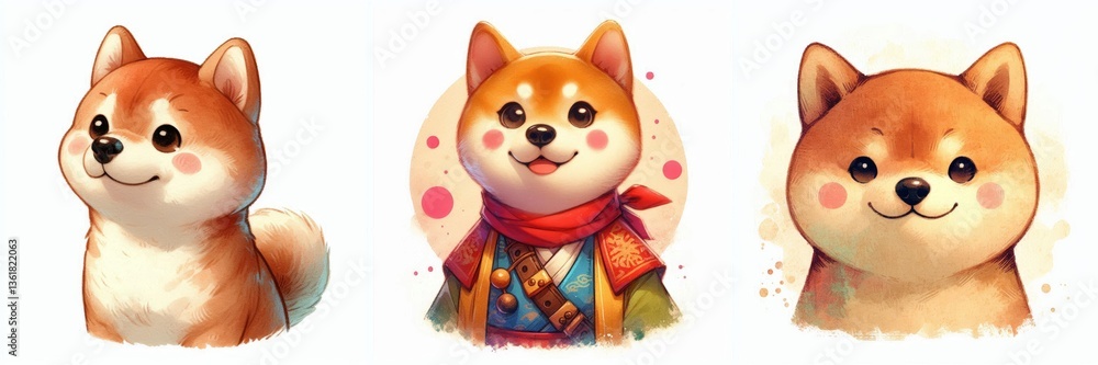Fototapeta premium Collection of Adorable Shiba Inu Characters in Watercolor Style Artwork