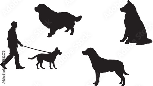 Silhouette of man walking with dog companion animal friend walk and dog silhouette standing isolated on white background