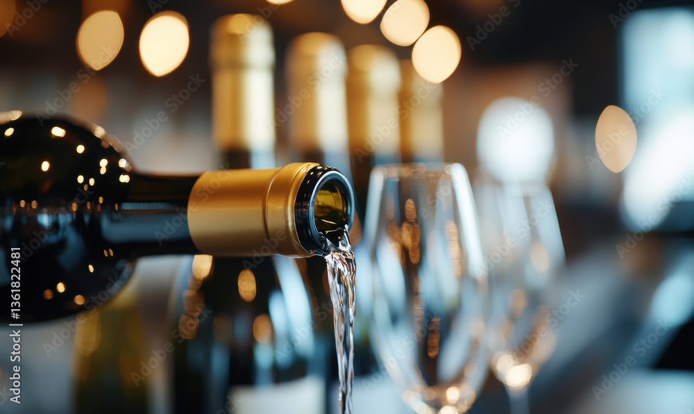 A bottle of wine is being poured into a glass A bottle of wine is being poured into a glass