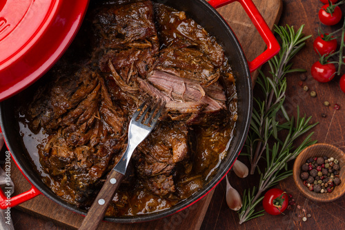 braised beef, slow cooked meat stew
