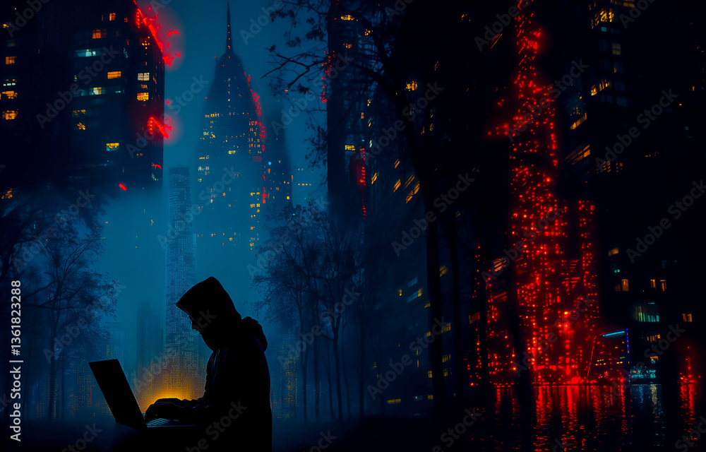 dark silhouette of man, hacker near black laptop darknet concept