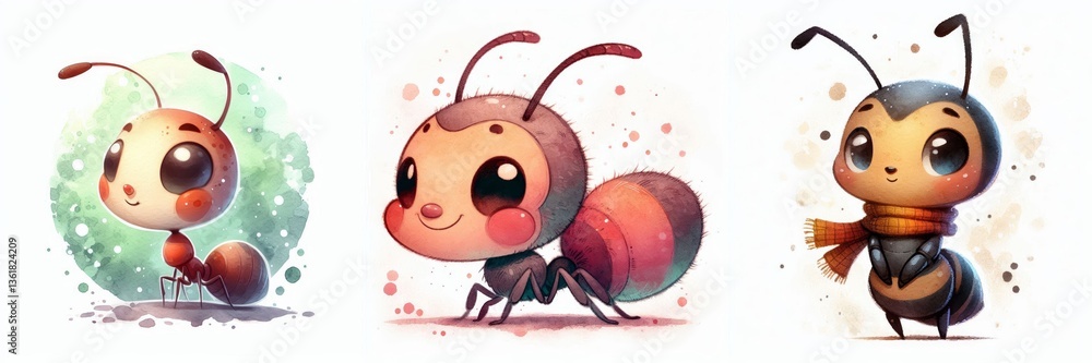 Obraz premium Charming Watercolor Trio: Cute and Whimsical Ant Characters Illustration Set