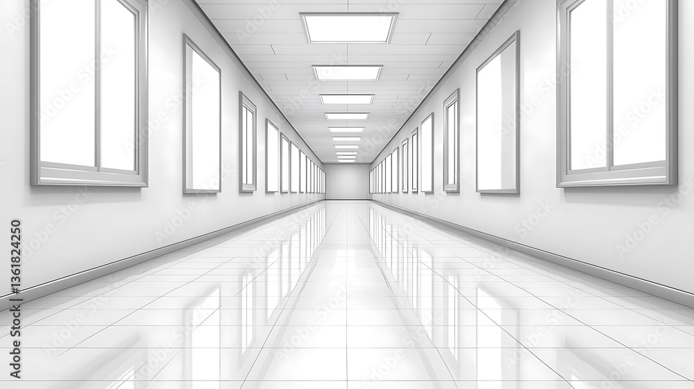 Long, bright white corridor with windows and shiny floor. Long, bright white corridor with windows and shiny floor.