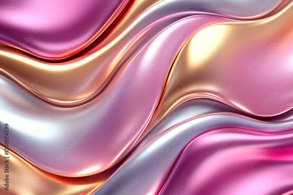 Fototapeta premium Colorful satin waves flowing in soft hues of pink, gold, and silver create an elegant visual texture