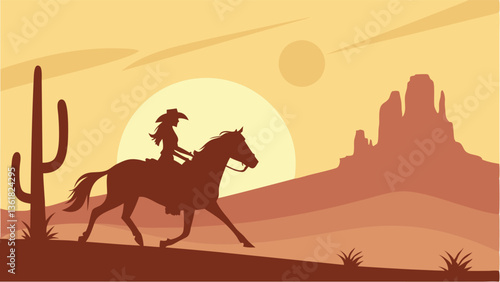 Landscape illustration of a cowboy riding a horse in the desert