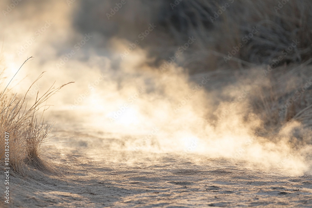 Fototapeta premium Close-up view of steam vents in a geothermal power plant at sunrise revealing natural steam escaping from the ground