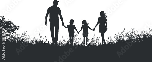 Silhouette of family walking together in nature for peaceful design themes.