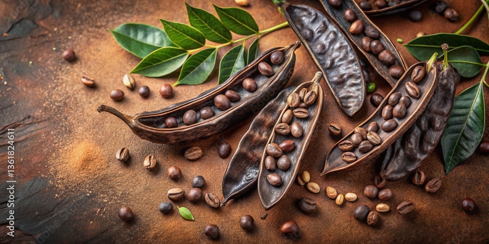 Open Carob Pods Filled with Roasted Coffee Beans and Fresh Leaves on Brown Surface