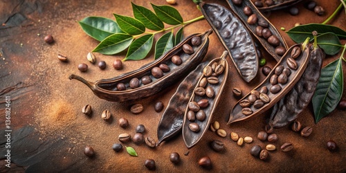 Obraz na płótnie Open Carob Pods Filled with Roasted Coffee Beans and Fresh Leaves on Brown Surface w salonie