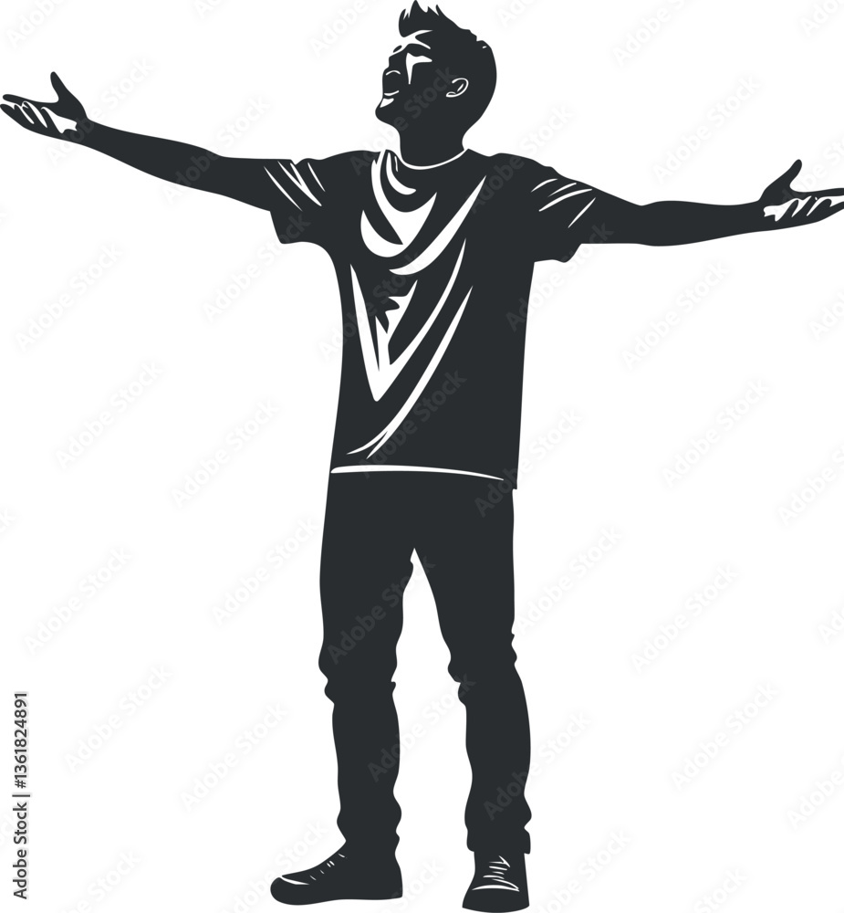Silhouette of man with raised arms expressing victory and freedom in vector style.