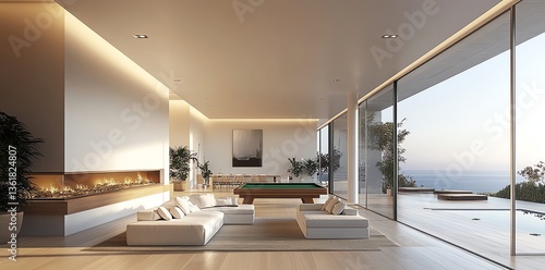 Modern Living Room Interior with Ocean View and Billiard Table