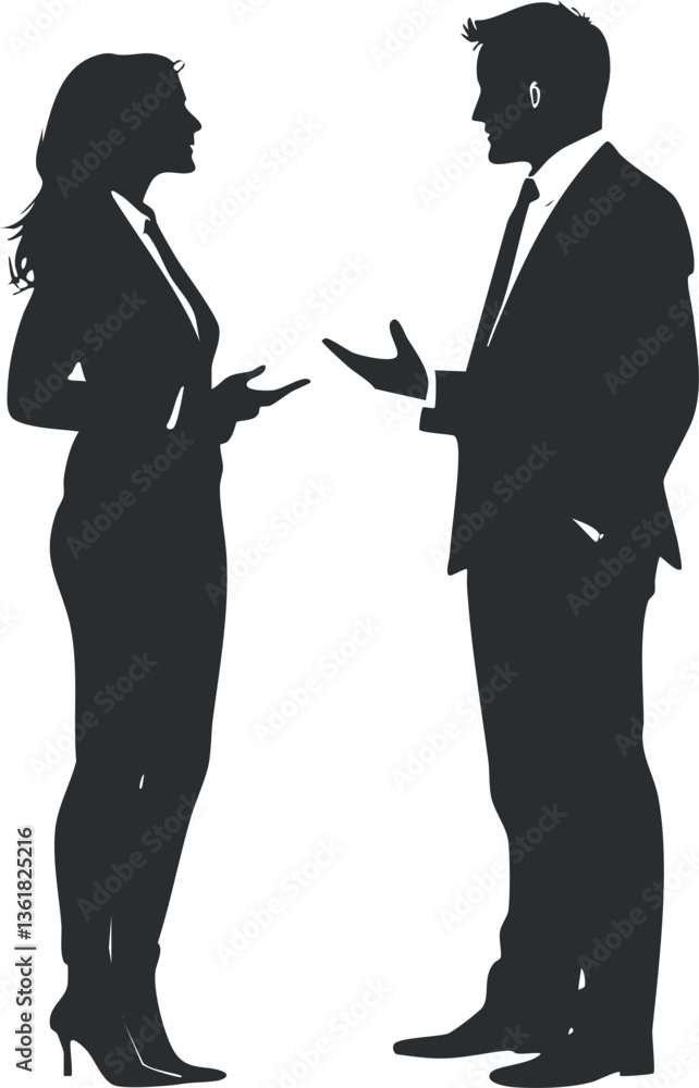 Silhouette of a man and woman in business attire having a conversation. Silhouette of a man and woman in business attire having a conversation.