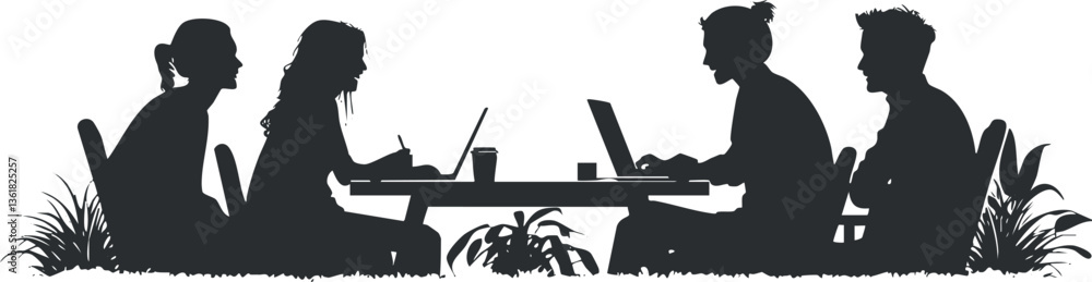Silhouette of people having a casual meeting outdoors, ideal for teamwork themes. Silhouette of people having a casual meeting outdoors, ideal for teamwork themes.