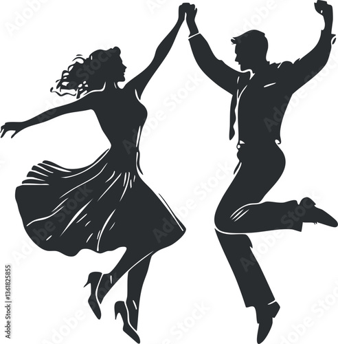Silhouette of a dancing couple in an energetic and graceful swing dance pose.